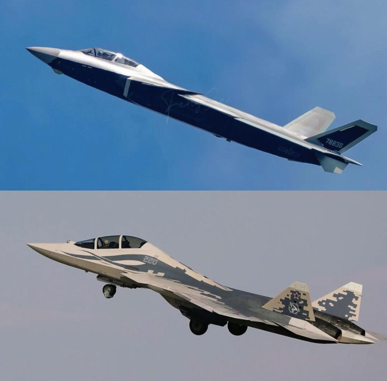 五代半双座型隐形战斗机J-20S与俄罗斯Su-57D对比图，哪款更优秀一些？！