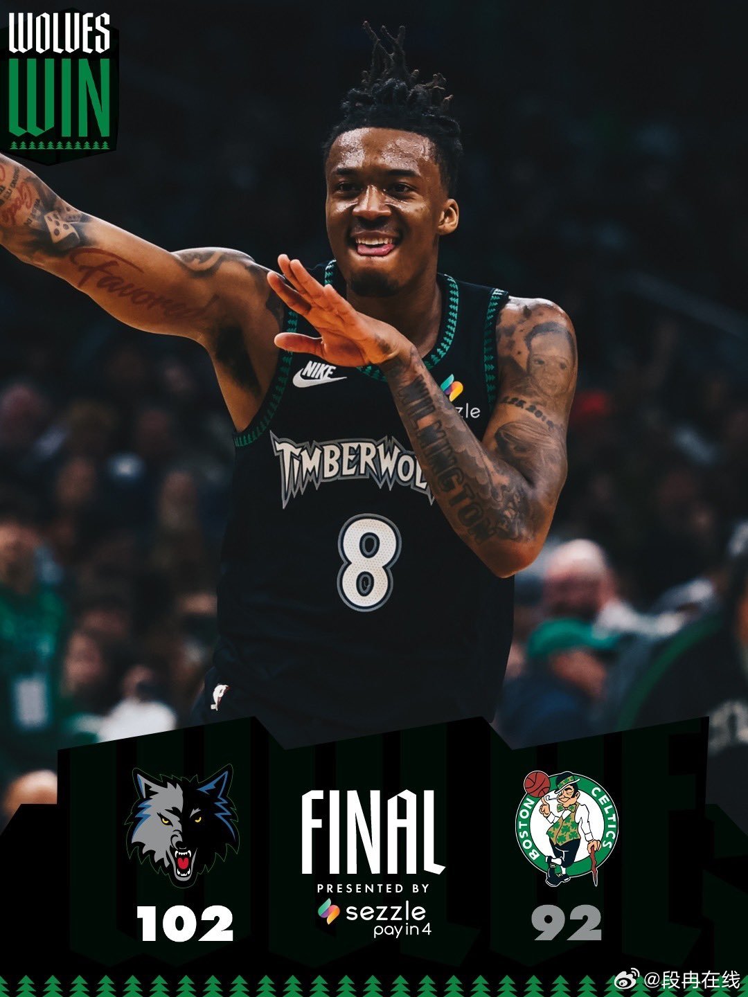 森林狼战胜凯尔特人爱德华兹缺阵，森林狼全民皆兵力克凯尔特人。第四节凯尔特人突然断