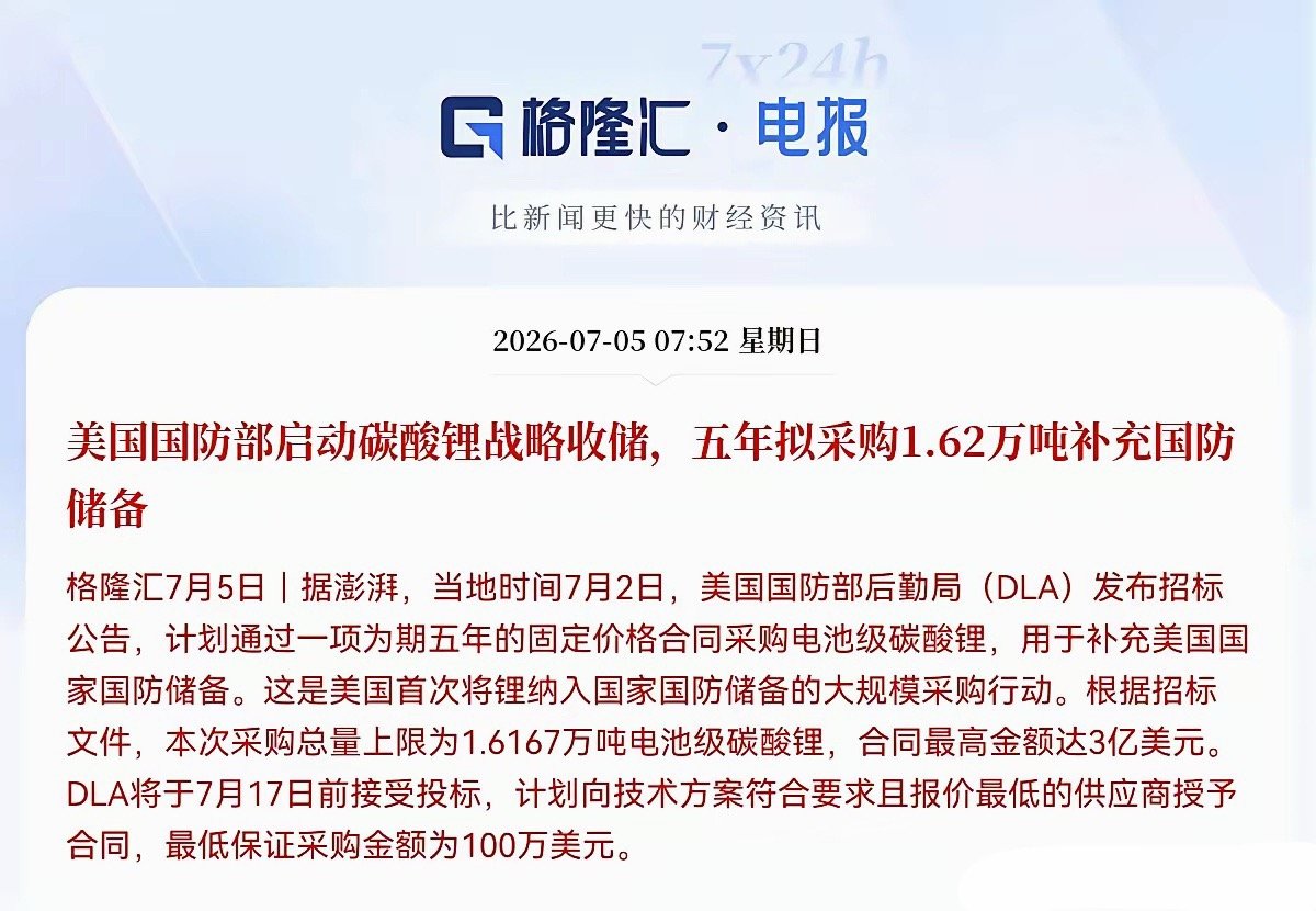大利好突袭锂矿赛道！一早爆出美国收储碳酸锂大消息权威消息确认，美国国防部开启碳酸