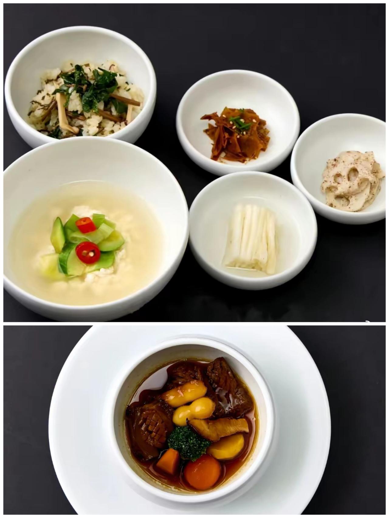 APEC会议韩国拿出国宴级料理招待来宾。
小牛排、拌饭、泡菜、豆腐汤、炒藕片，看