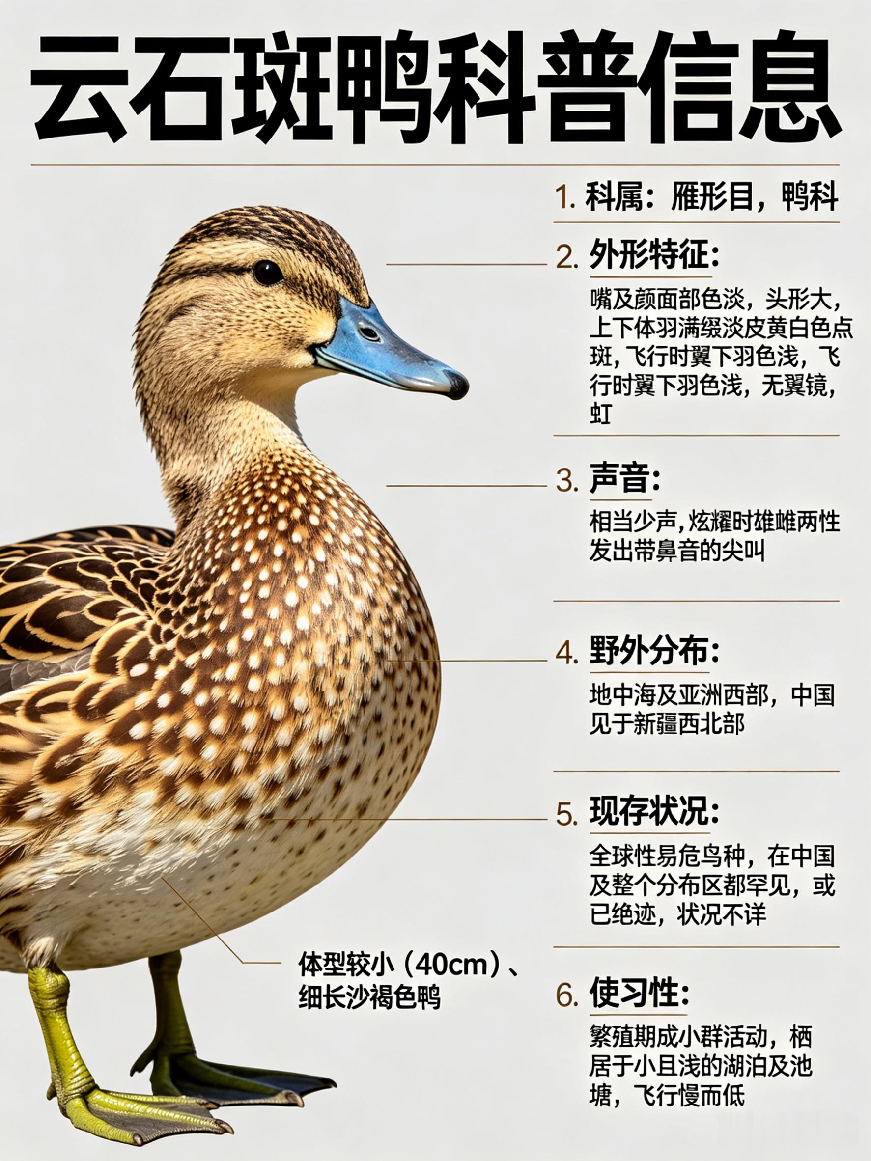 鸟类朋友图鉴 云石斑鸭·科属：雁形目，鸭科。·外形特征：体型较小（40cm）、形