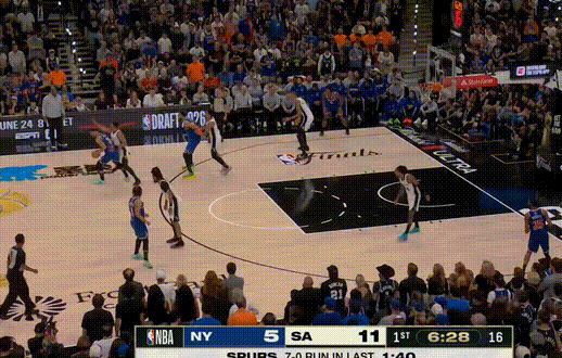 文班协防唐斯，阿奴诺比底角三分！开局尼克斯8-11马刺尼克斯vs马刺nba总决赛