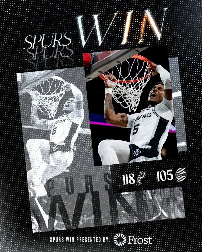 #马刺战胜开拓者#全队35次助攻！结束两连败。文班12分8篮板2助攻4抢断3封盖