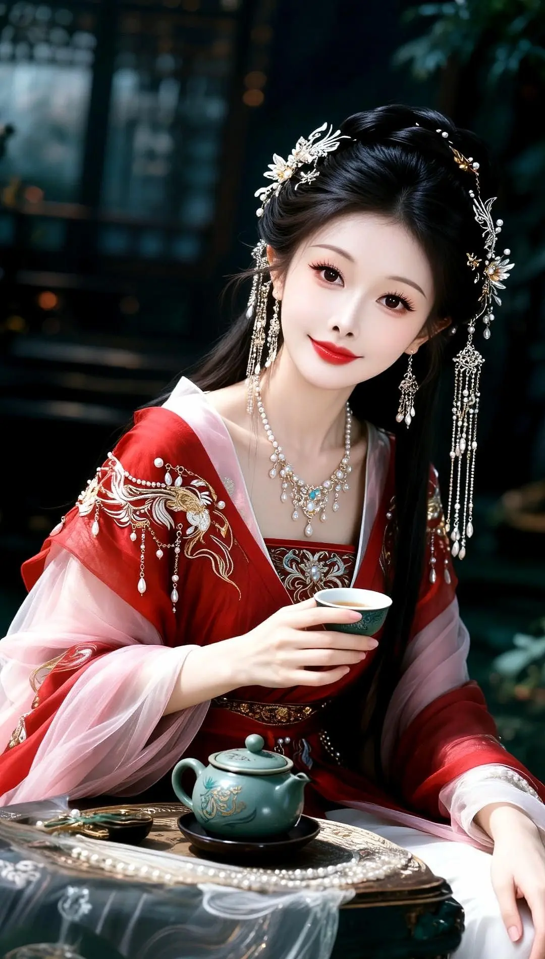 AI仙逸美人写真 ai创作 汉服与茶文化的碰撞 茶器带来的愉悦 古风茶院