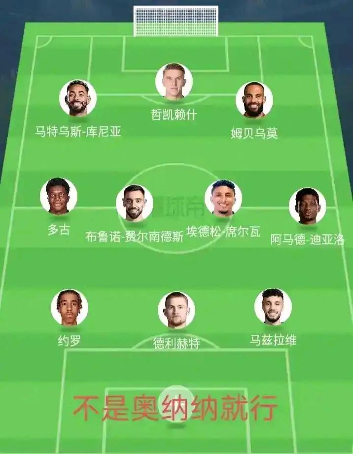曼联组成这套阵容，冲进英超前六有希望。

哲凯赖什过来，配合库尼亚和姆贝乌莫。