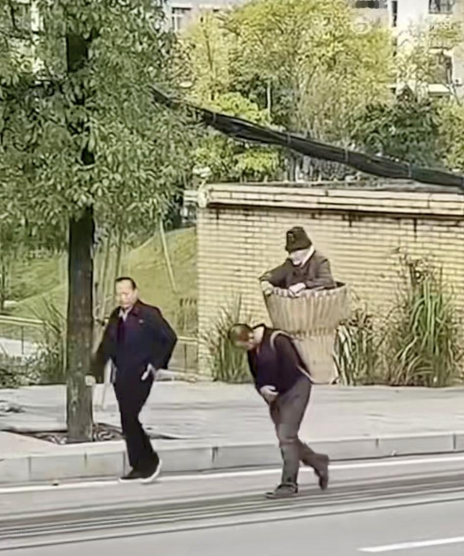 发现生活里的最美瞬间11月23日，重庆街头，一位老母亲生病了，两兄弟用背篓轮流背
