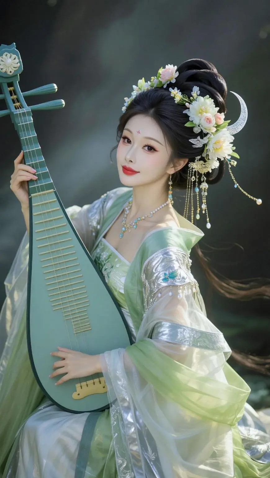 AI月仙抚琴图 ai创作全新升级 汉服与琵琶的适配度 国风古韵琵琶 ai写真