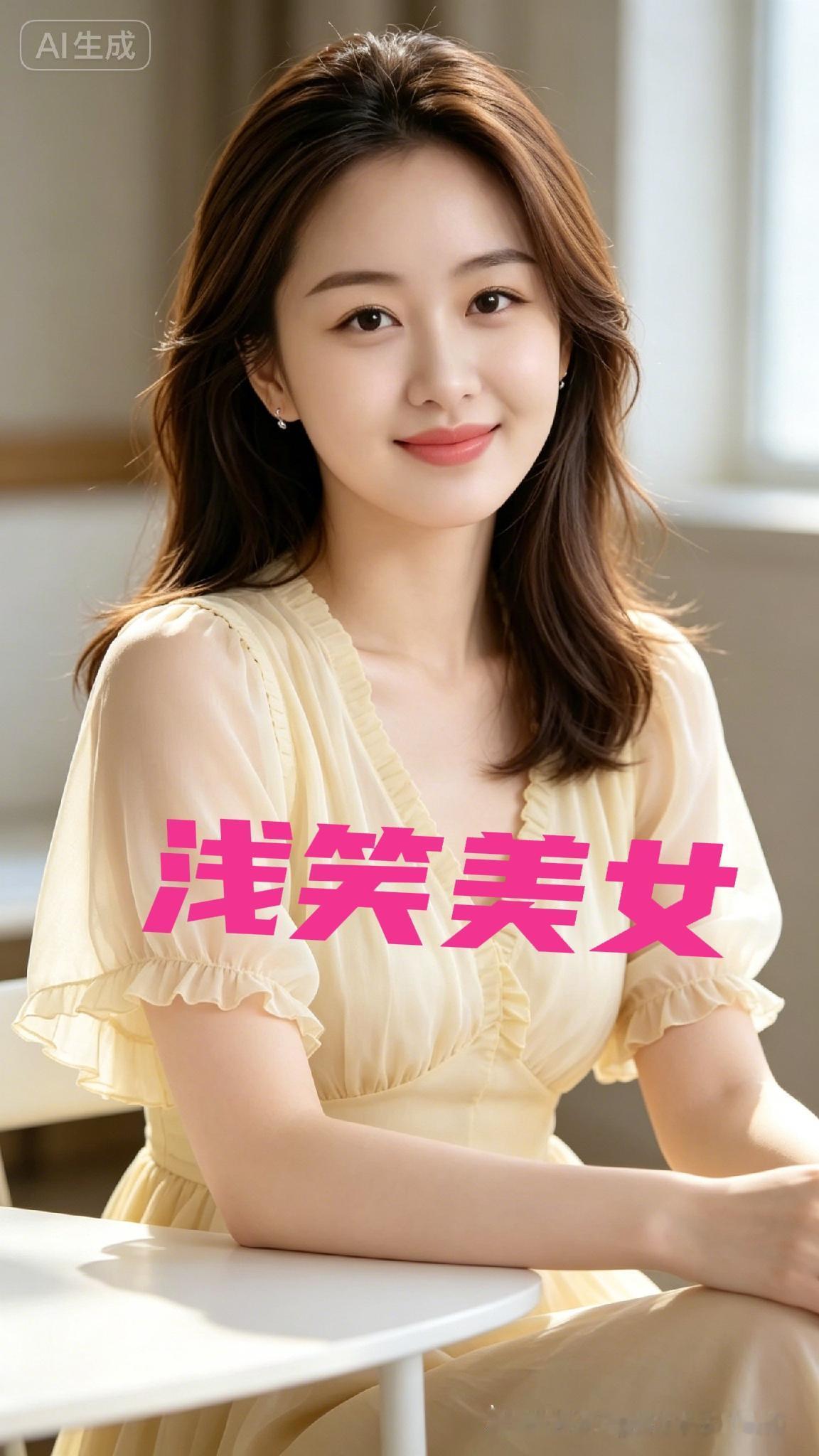 浅黄清韵
柔辉漫室净无埃，棕发轻垂映玉腮。
薄袖花边裁浅杏，明眸带笑意和霭。
缓