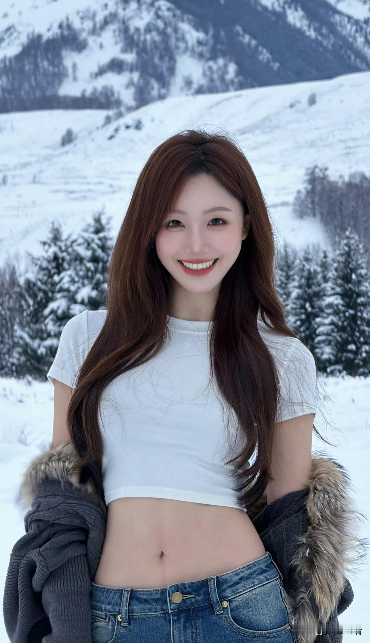 冬日雪景中的甜美少女，笑容灿烂，温暖如春！🌨️😊