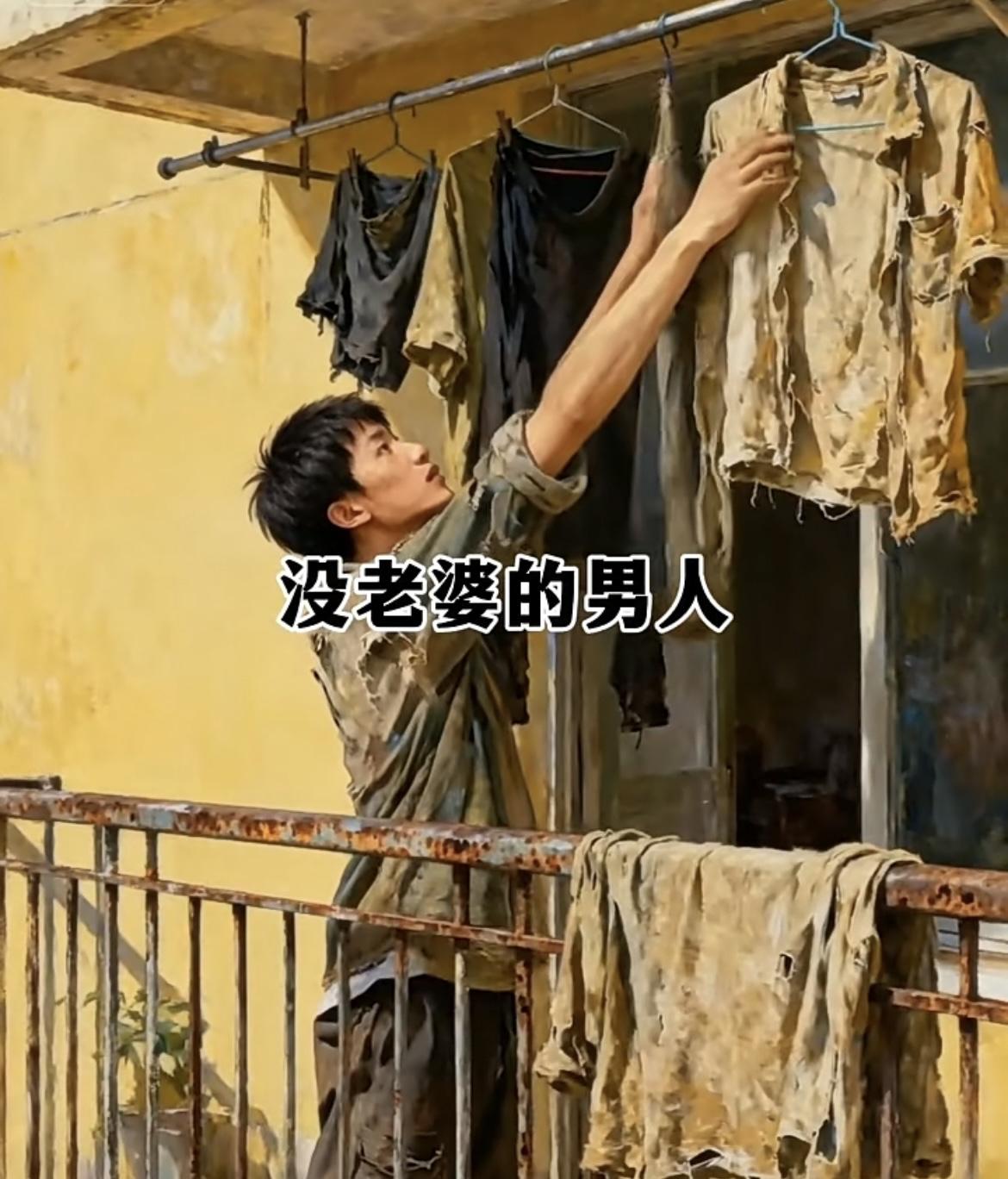 没老婆的日子，衣服皱得像揉过的旧信，晾衣杆上挂着的不只是破衫，是没人拾掇的潦草—
