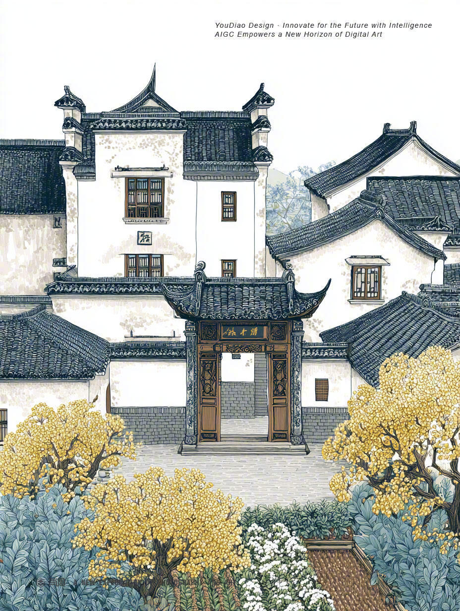 檐角载春，花栖墙下。 