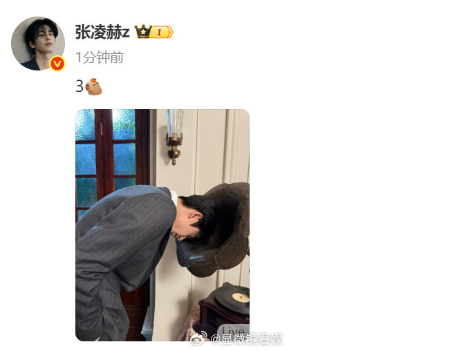 张凌赫哞的一声就钻进音响里了 分享照片，把头钻进音响，称自己在听歌，太可爱了！ 