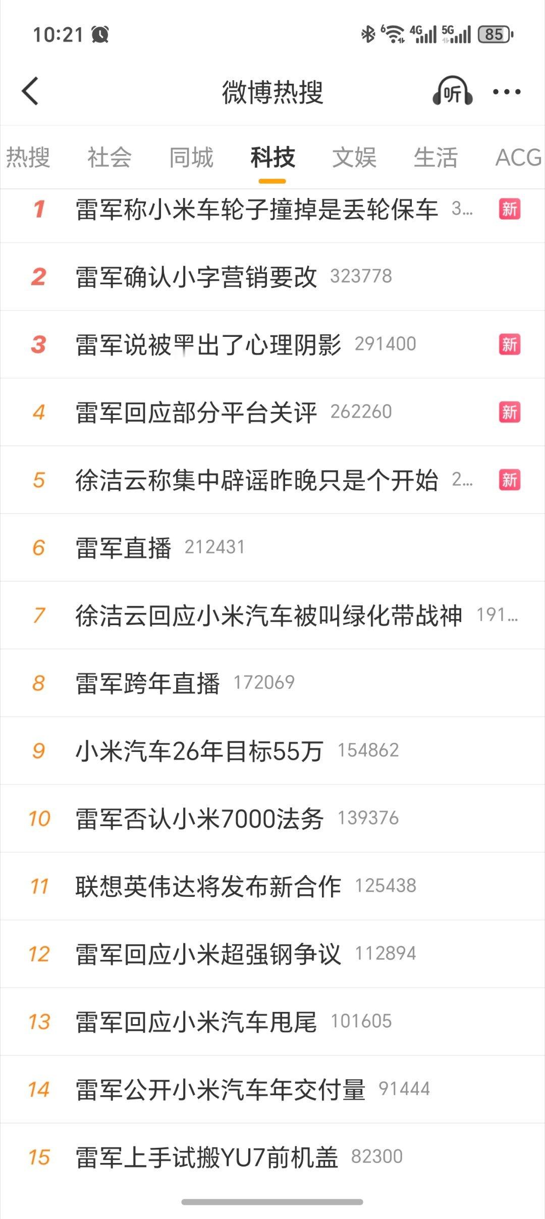 雷总一场直播，直接把科技热搜榜给承包了。还是猛。前16个里面有15个是小米或者雷