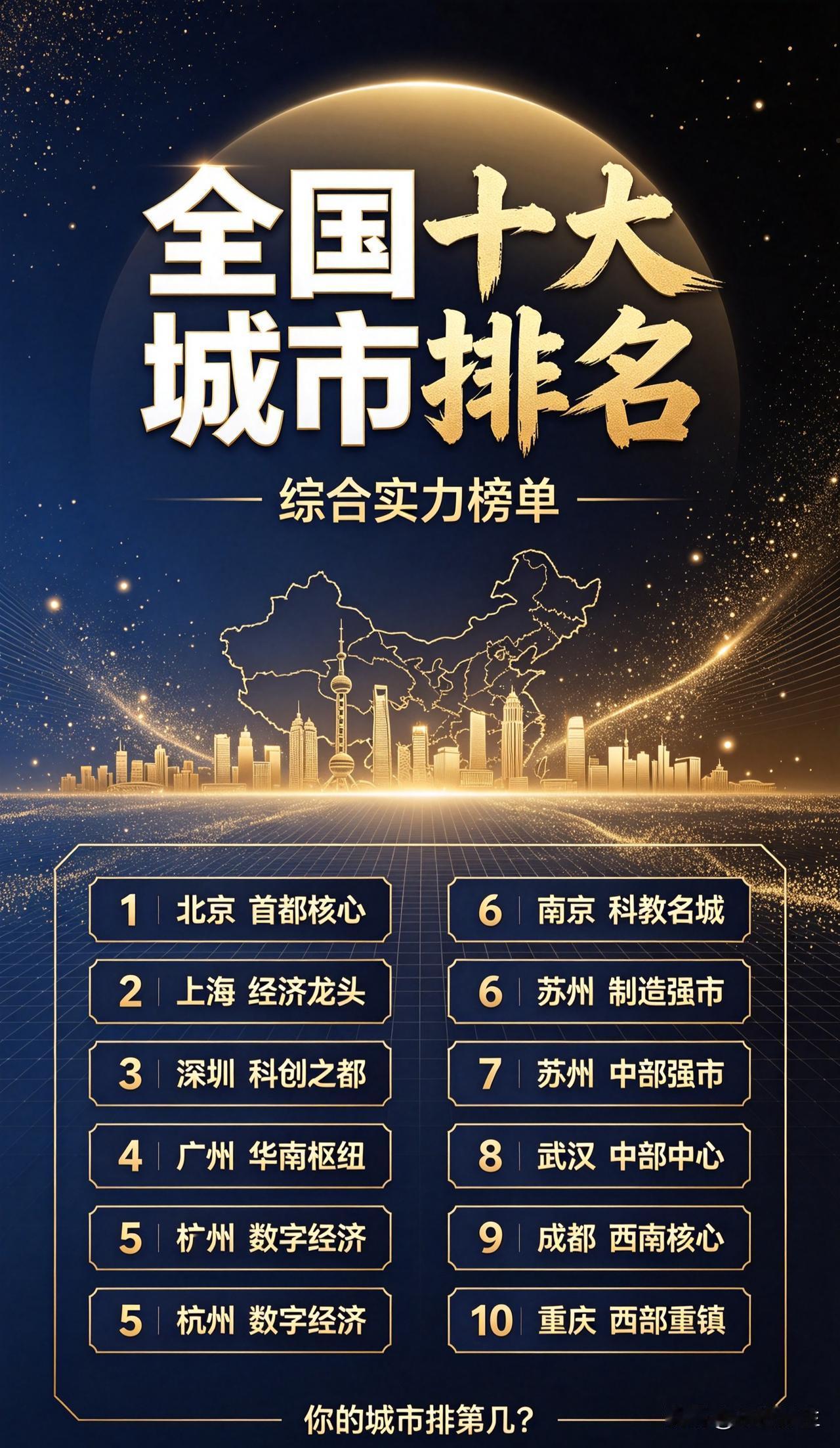 全国十大城市排名
 
1. 北京
2. 上海
3. 深圳
4. 广州
5. 杭州