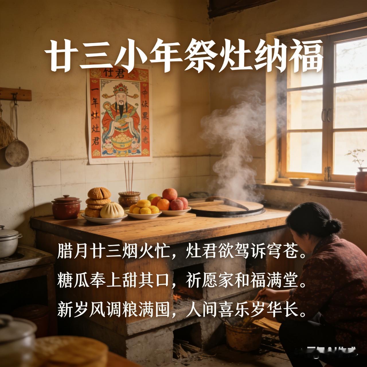 《廿三小年祭灶纳福》乐韵诗心原创诗词:
腊月廿三烟火忙，
灶君欲驾诉穹苍。
糖瓜