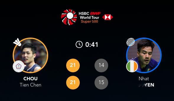 周天成 21-14、21-15 🇮🇪阮日下轮对手：渡边航贵🇯🇵 vs ?