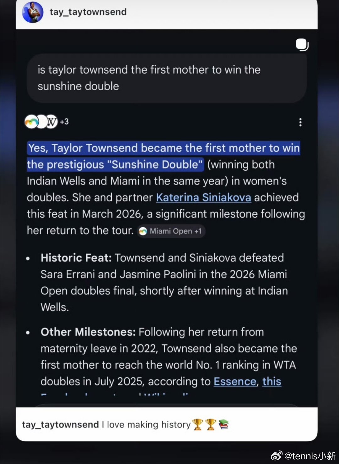 好高调的女的，你怎么看？汤森德更新了动态：“泰勒·汤森德是首位赢得“阳光双赛”冠