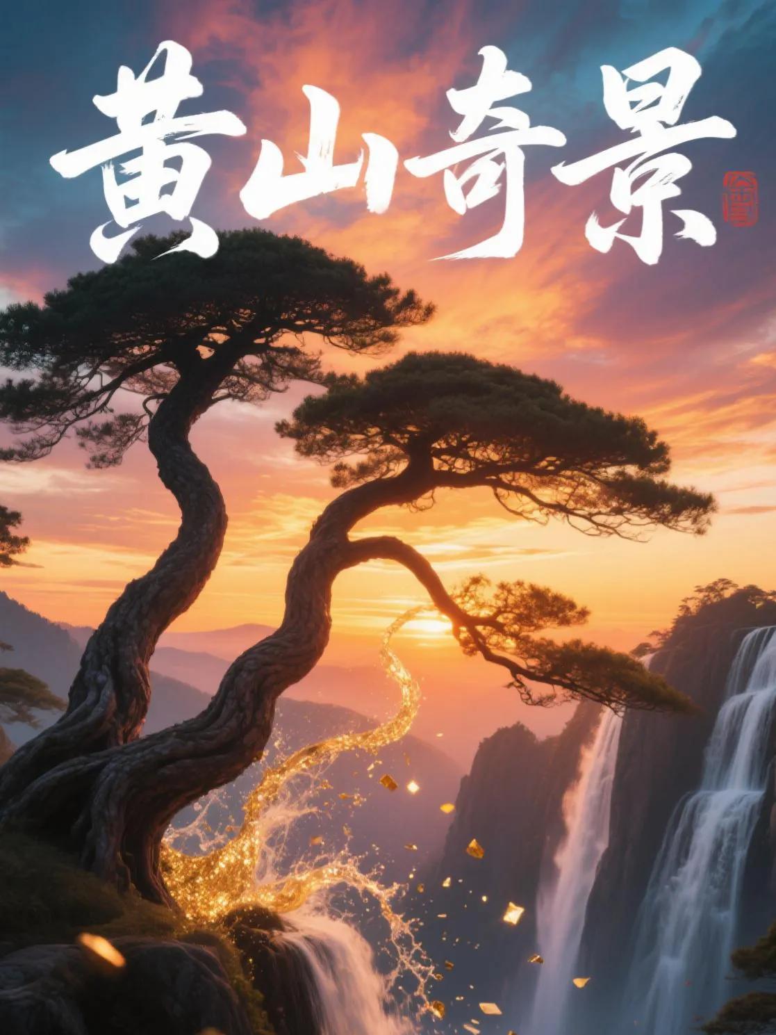 黄山夕阳下，连理松依偎着漫天霞光，百丈瀑飞溅碎金，浪漫与壮美交织。黄山的松柏 黄