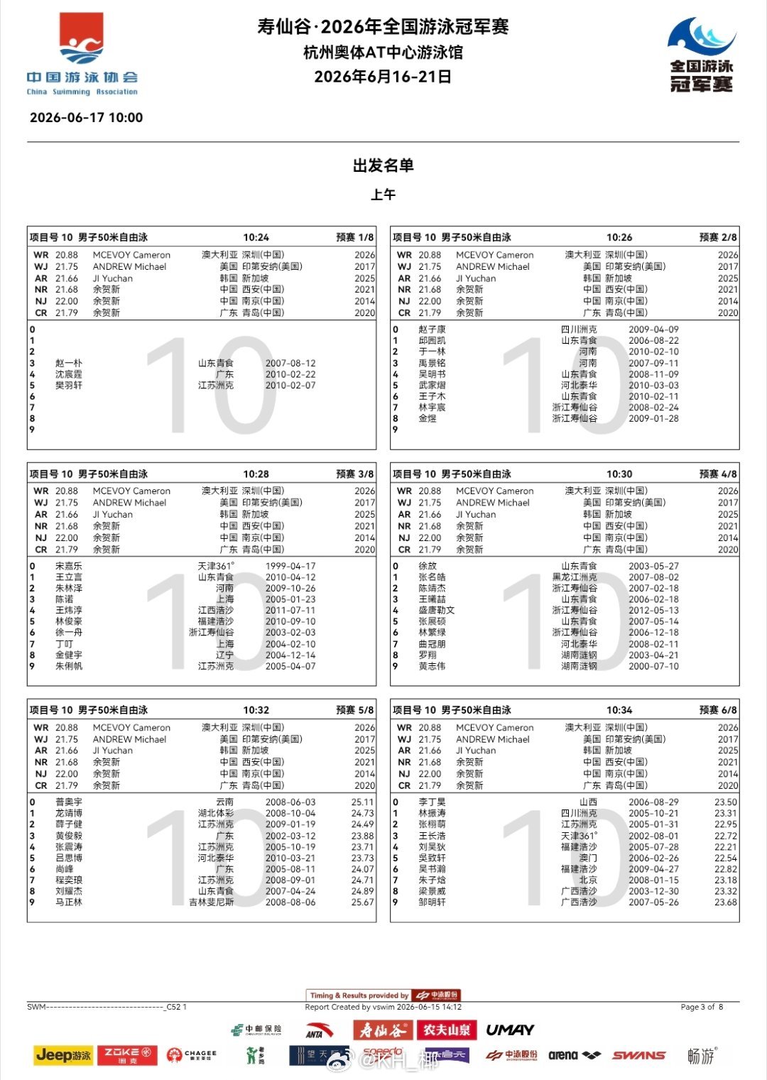 2026年全国游泳冠军赛 第二天预赛秩序单 
