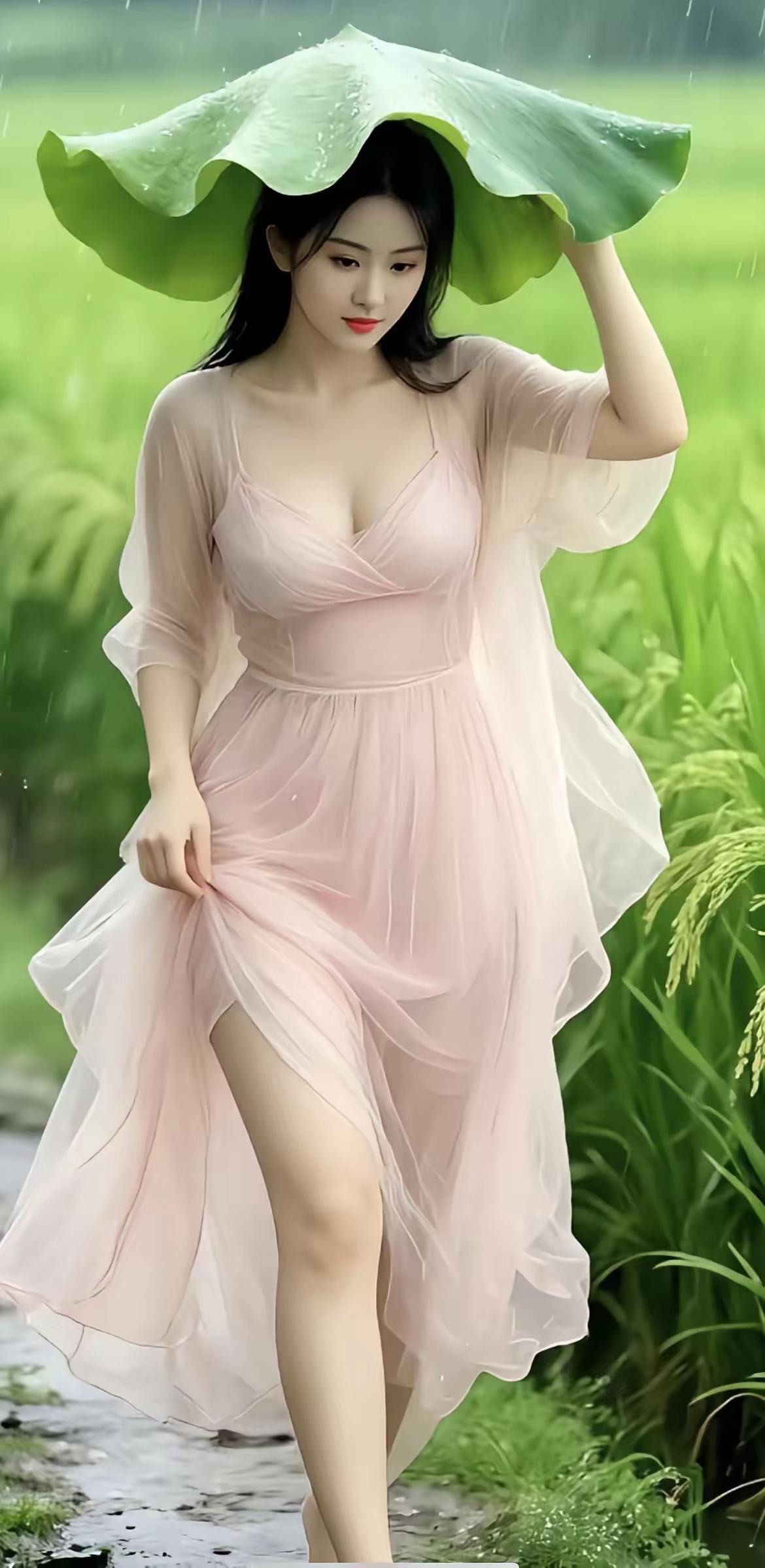 细雨绵绵洒落乡间稻田，姑娘头顶硕大荷叶当作雨伞，一身浅粉飘逸纱裙，步履轻盈走在湿