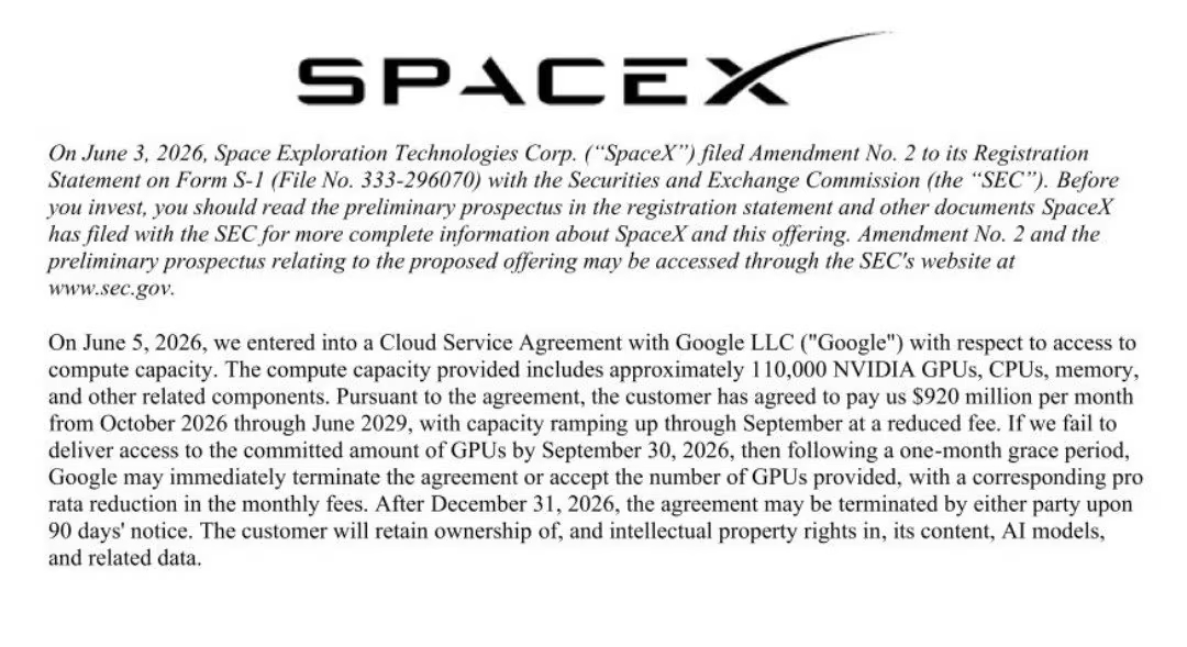 SpaceX提交新的IPO S1补充，说明与谷歌的GPU租用协议，谷歌每月支付9