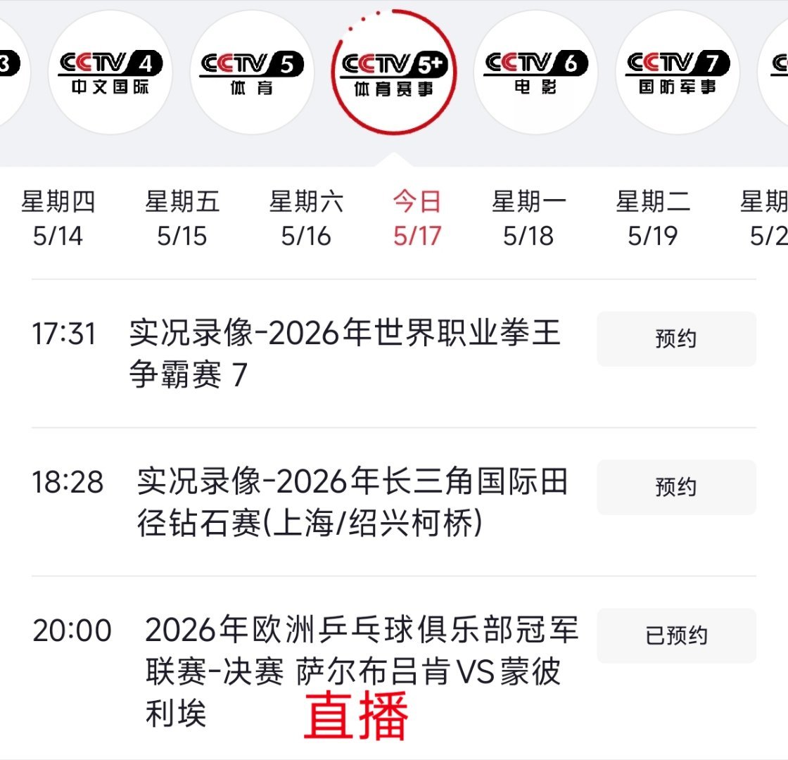 央视频道关于樊振东乒乓球欧冠赛事的直播与重播时间线如下:CCTV5频道:5月17