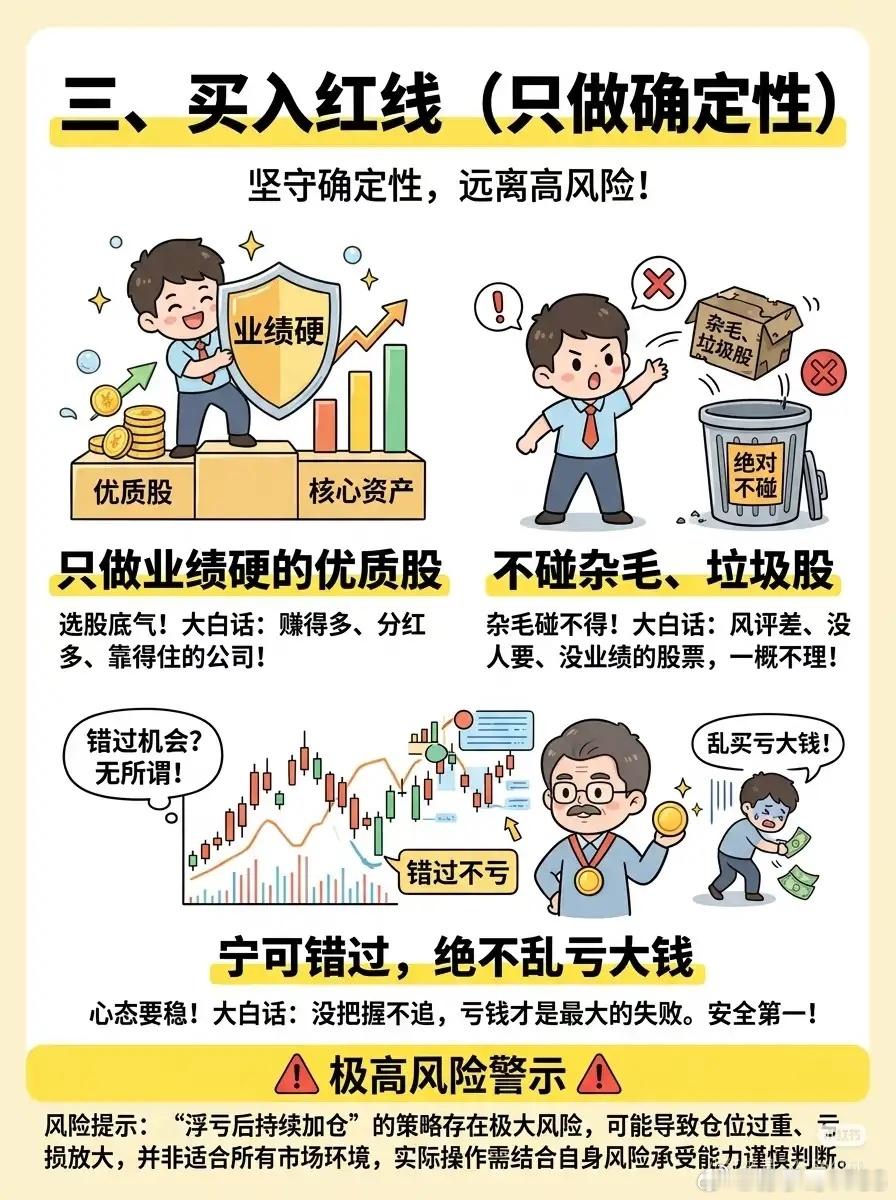 不想割肉可以用这个方法一、加减仓纪律（机械执行，不猜不赌）1. 连续上涨3天：必