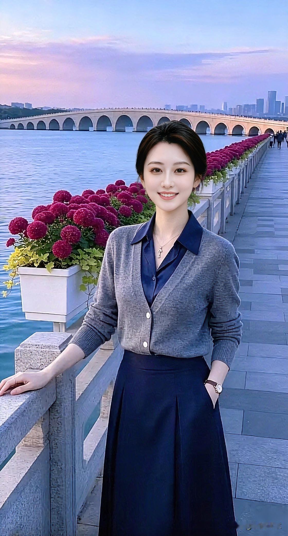 漫步湖边，晚风温柔拂面。简约得体的穿搭，不刻意张扬，从容自在，感受生活里平淡又治