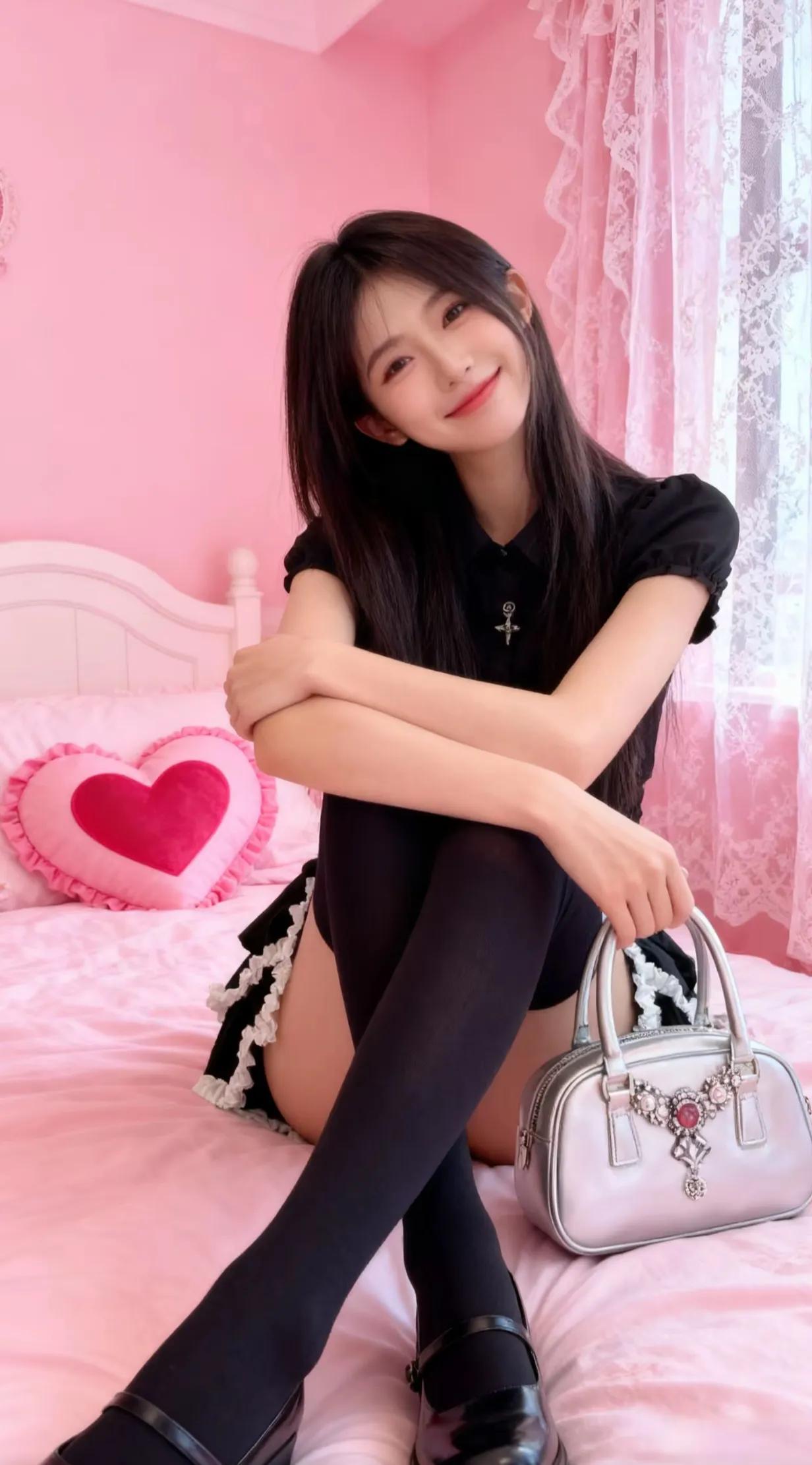甜美少女风，粉色卧室，可爱心形抱枕，黑色连衣裙，黑色丝袜，银色手提包，微笑自拍。