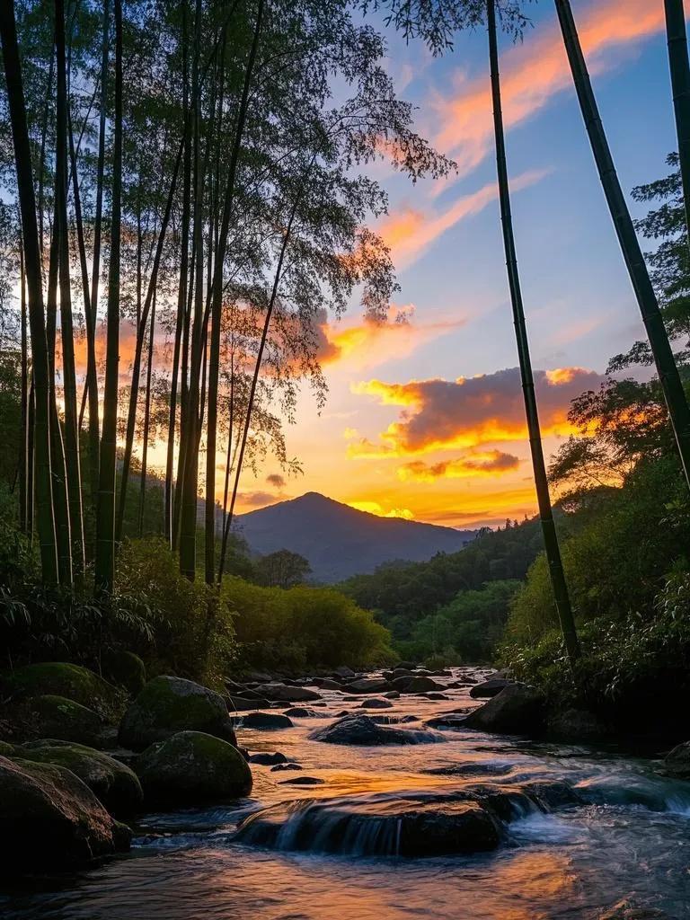 看井冈山夕阳，天空色彩交织，山峦明暗错落。竹影摇曳，溪水潺潺长潭岗落日 诗意景色