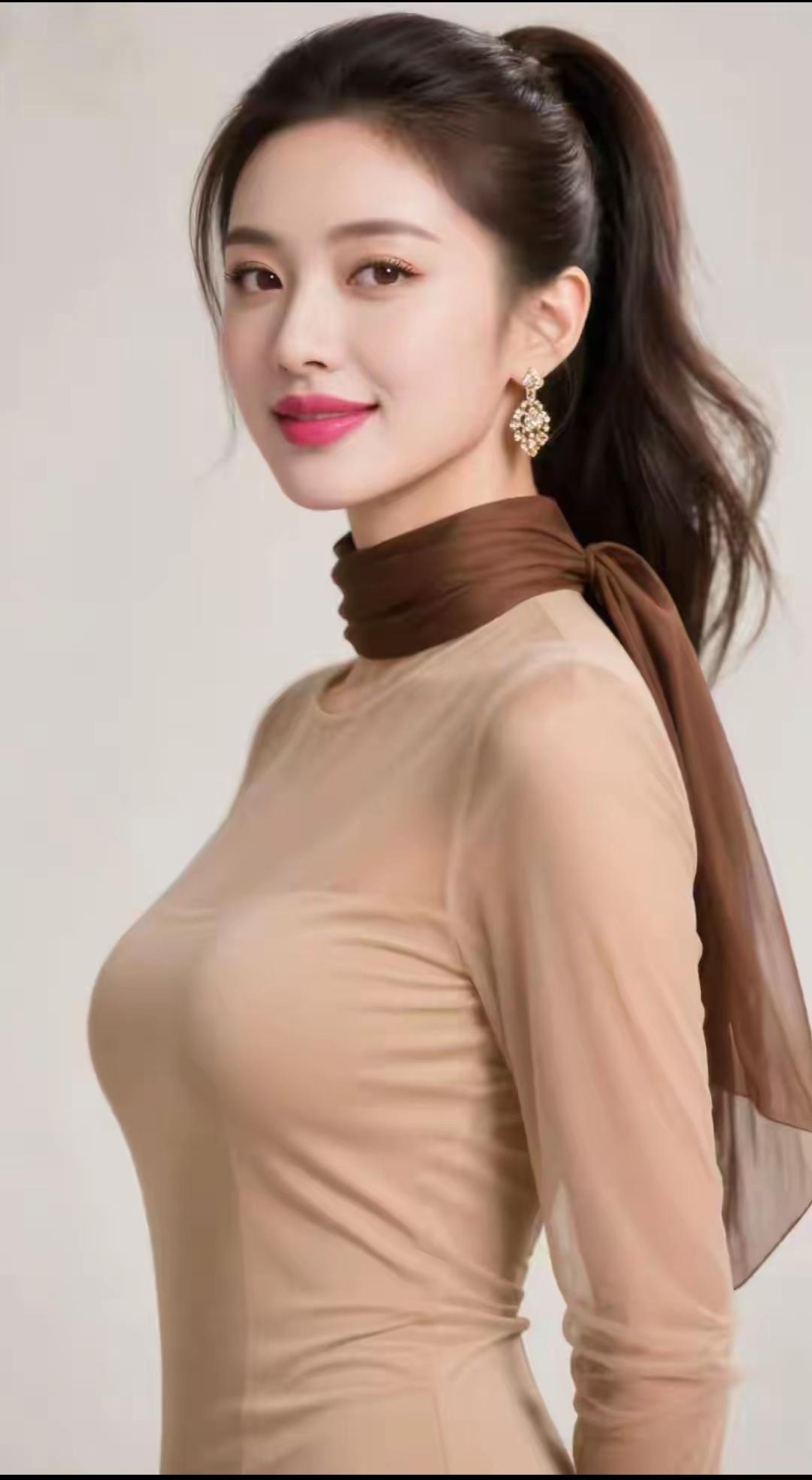 山坡羊·素韵清妍
素袂垂地，
棕纱缠臂，
高鬟轻绾青春气。
笑含怡，韵流姿。
耳