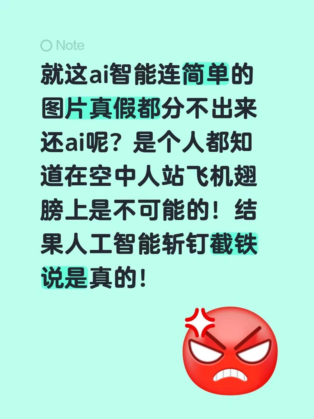 就这ai智能连简单的图片真假都分不出来还ai呢？是个人都知道在空中人站飞机翅膀上