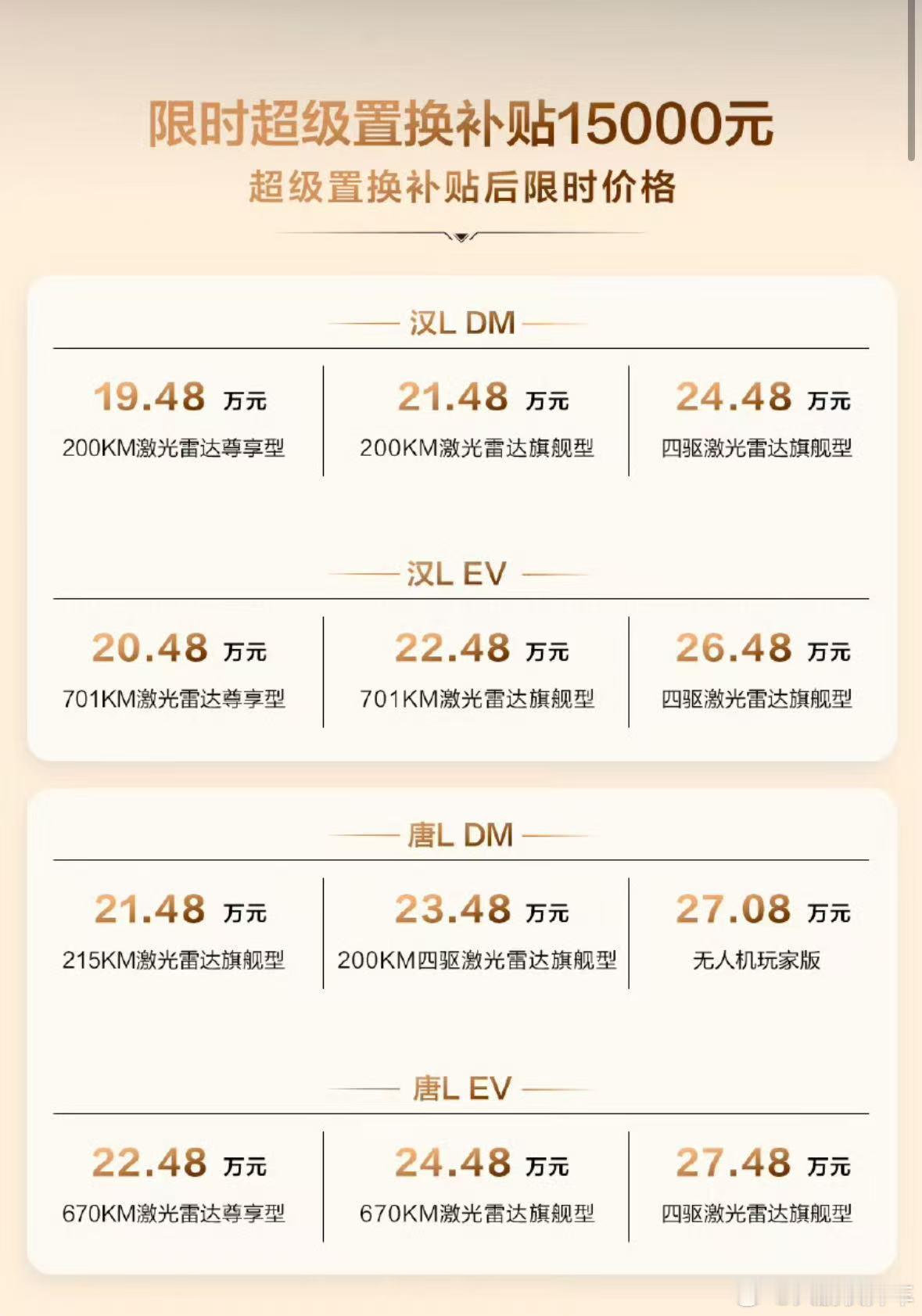 2025广州车展，迪子公布了汉唐L的限时置换补贴价，汉L 19.48w起，唐L 