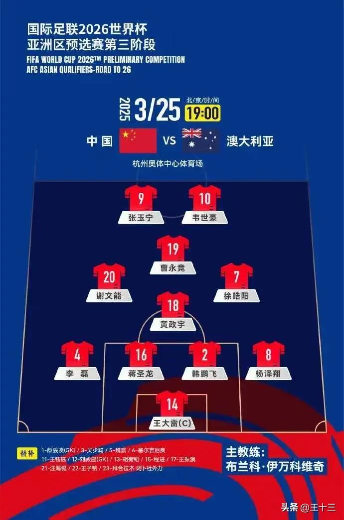 国足主场对阵澳大利亚，黄政宇单后腰，王大雷镇守国门