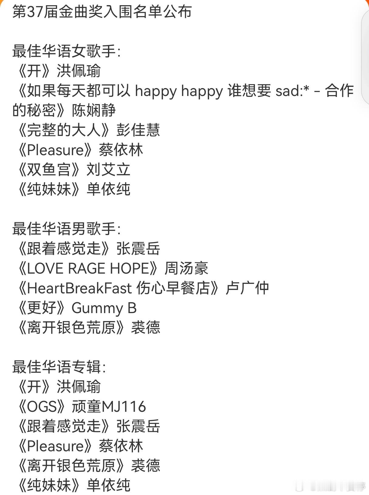 金曲奖的含金量也不如以前了金曲奖入围名单除了单依纯的《纯妹妹》，基本没看到真正传