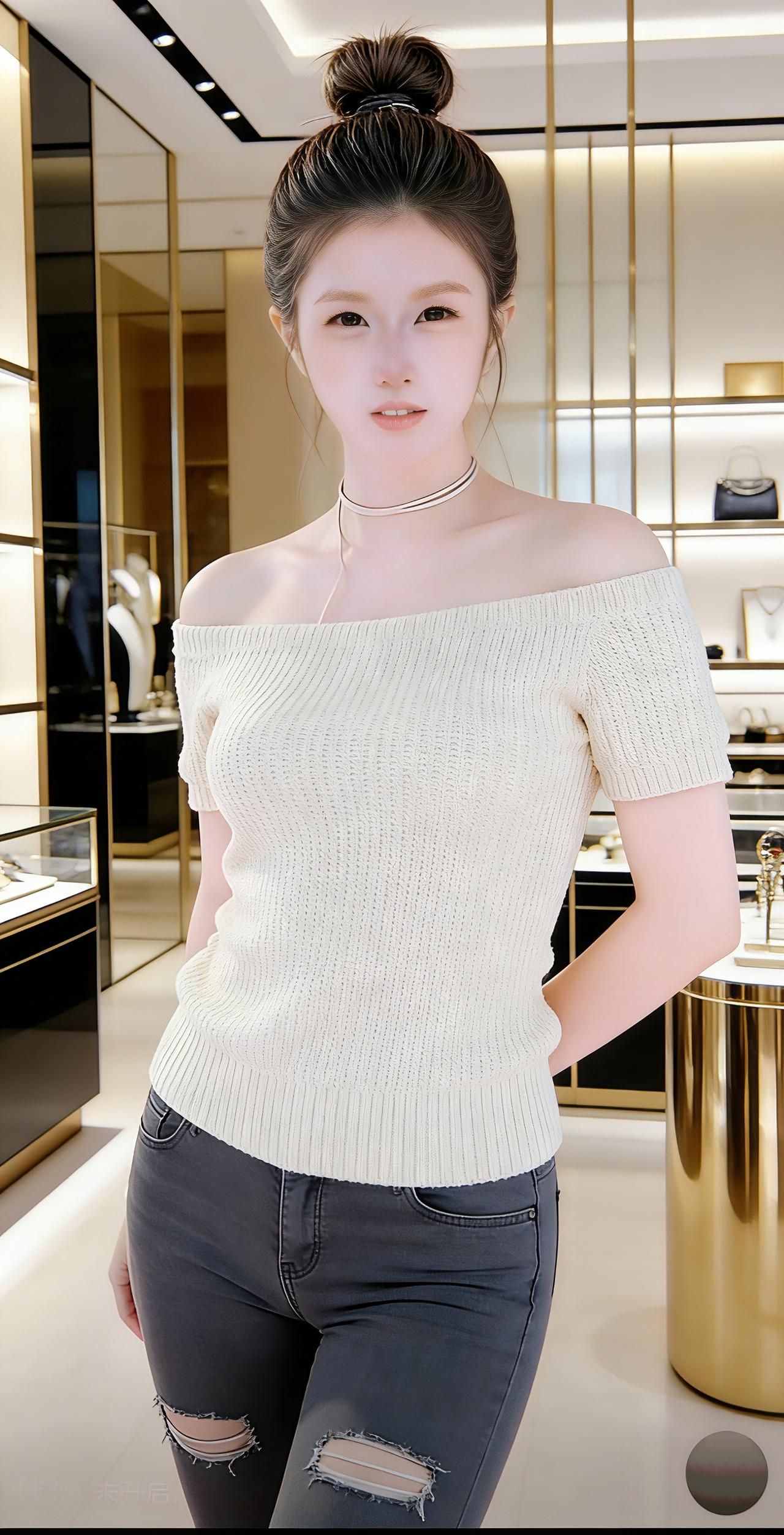 浅米色一字肩短袖针织衫，宽松的短袖版型兼顾舒适度与慵懒感，一字肩设计露出肩颈线条