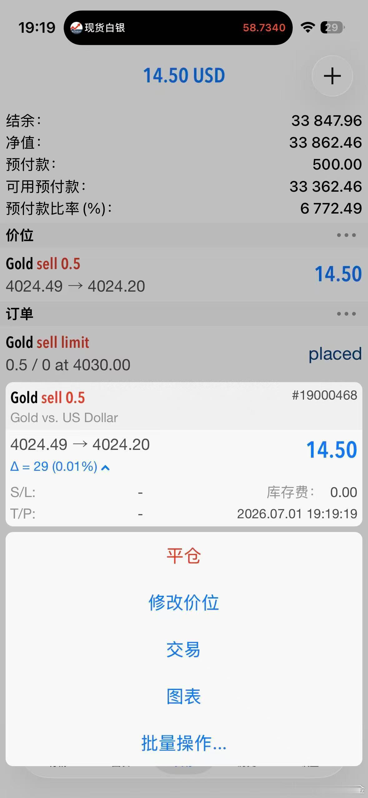 外汇黄金 空单进场了！30的空单挂单也放好！今晚公布ADP小非农！明晚公布大非农