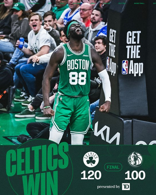 全场比赛结束，我们最终在主场120-100战胜独行侠☘️塔图姆15分12篮板7助