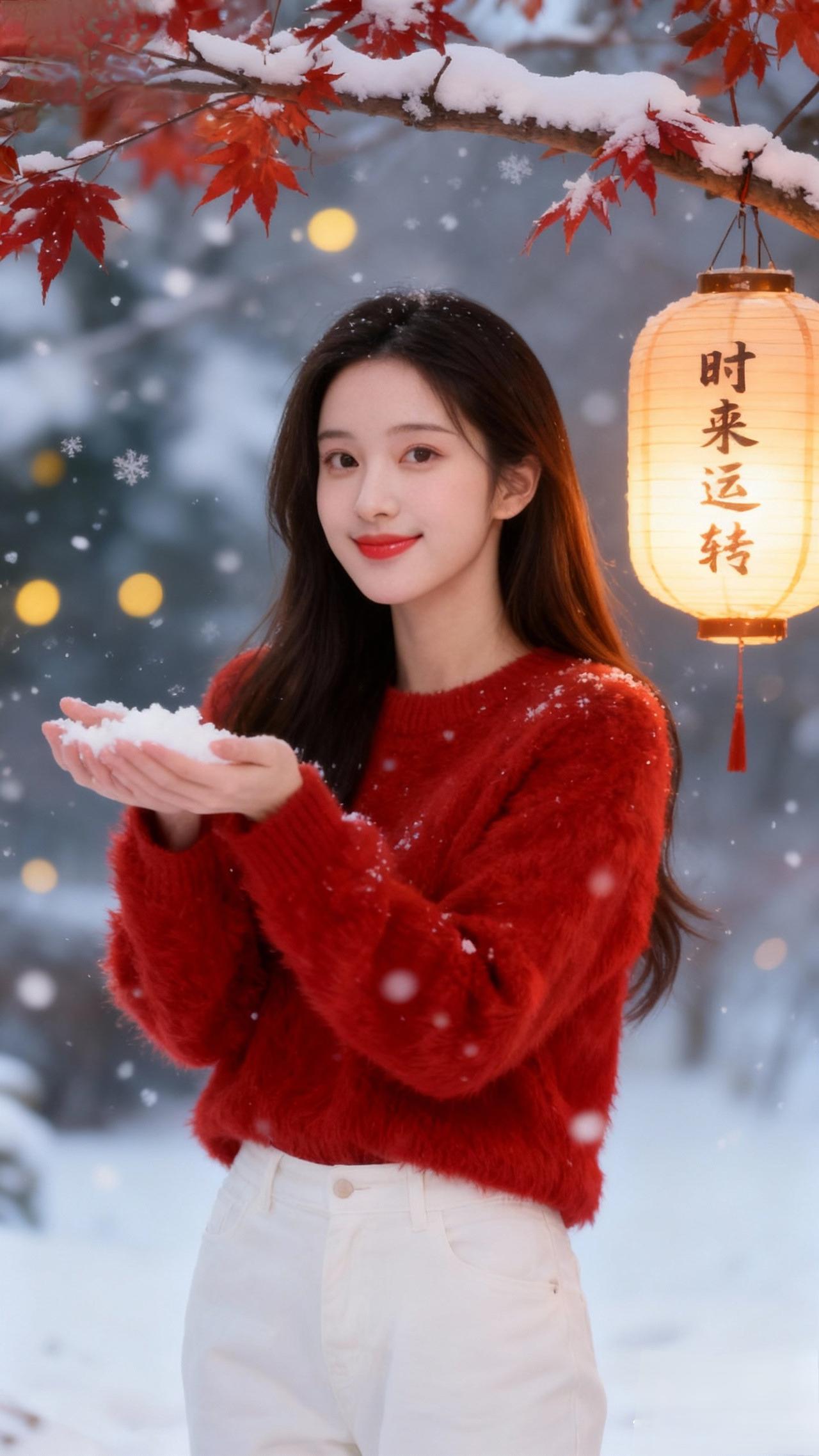 冬日暖阳下，红衣少女捧雪微笑，灯笼暖意融融。冬日雪景氛围照 初雪氛围照