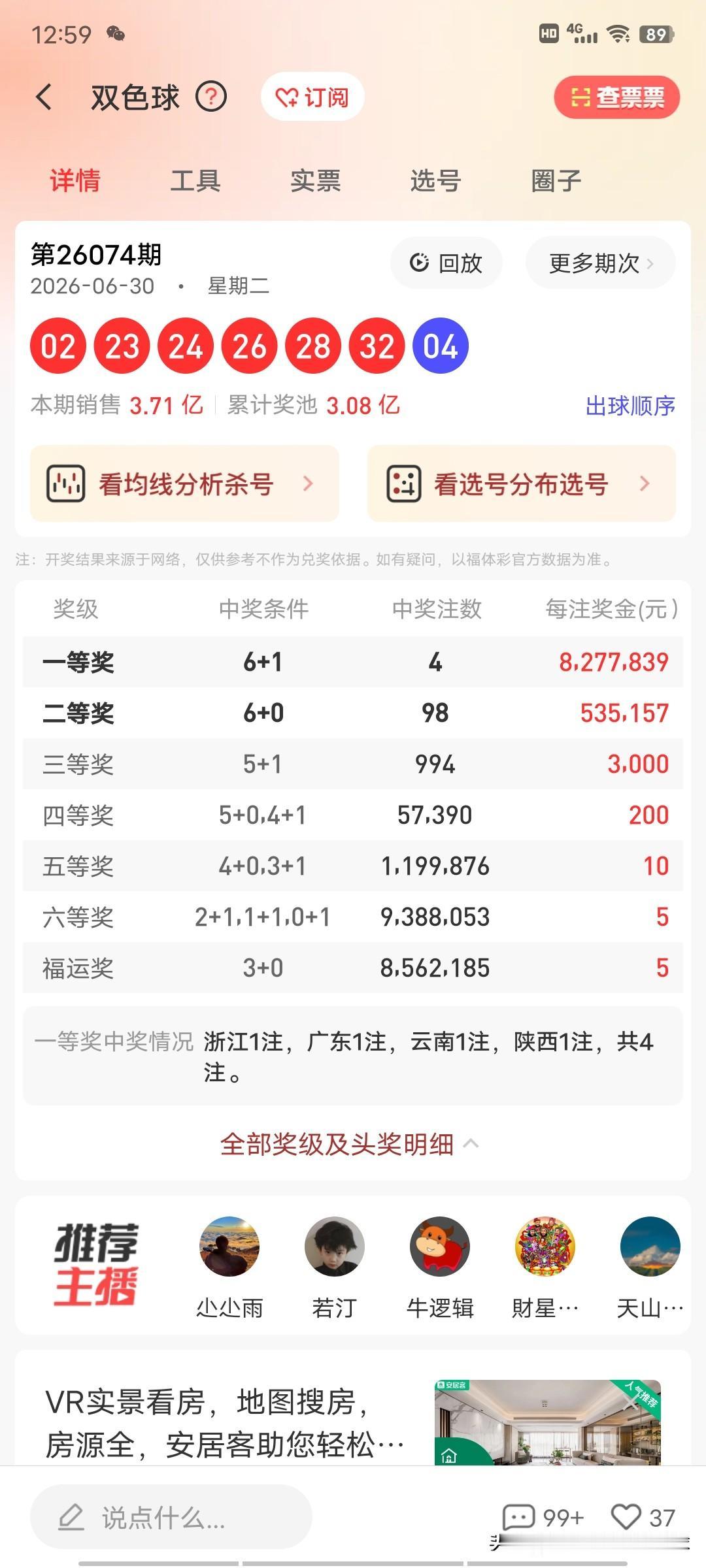 26074期双色球云南840元复式票喜中一等奖800多万，那么多大票都是打水漂了