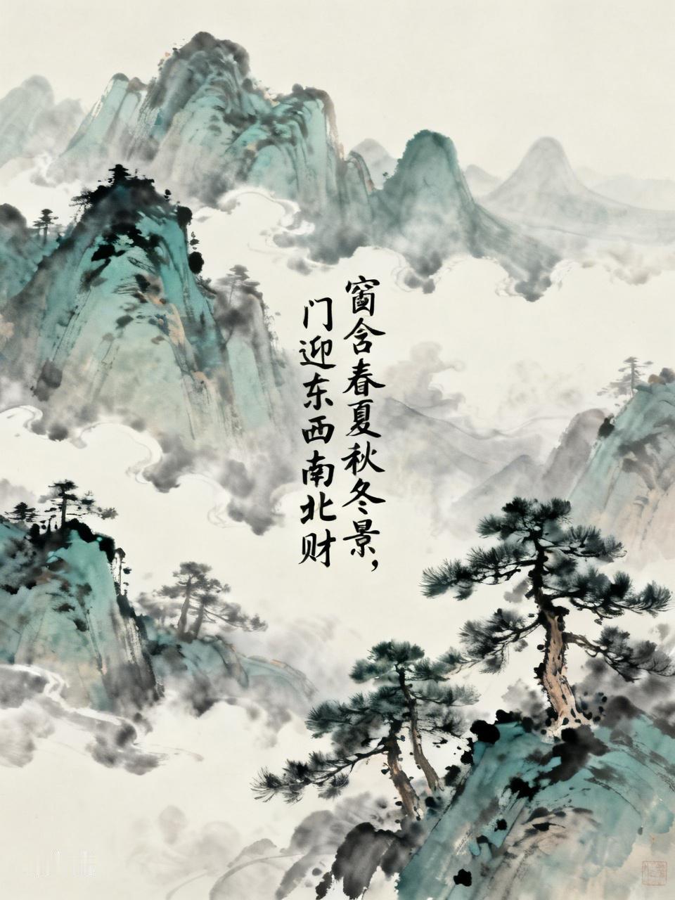 下联：门迎东西南北财。