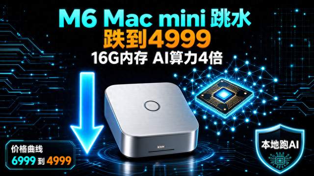 M6 Mac mini 跌到4999，16G内存+AI算力翻4倍，等等党这回彻底赢麻了