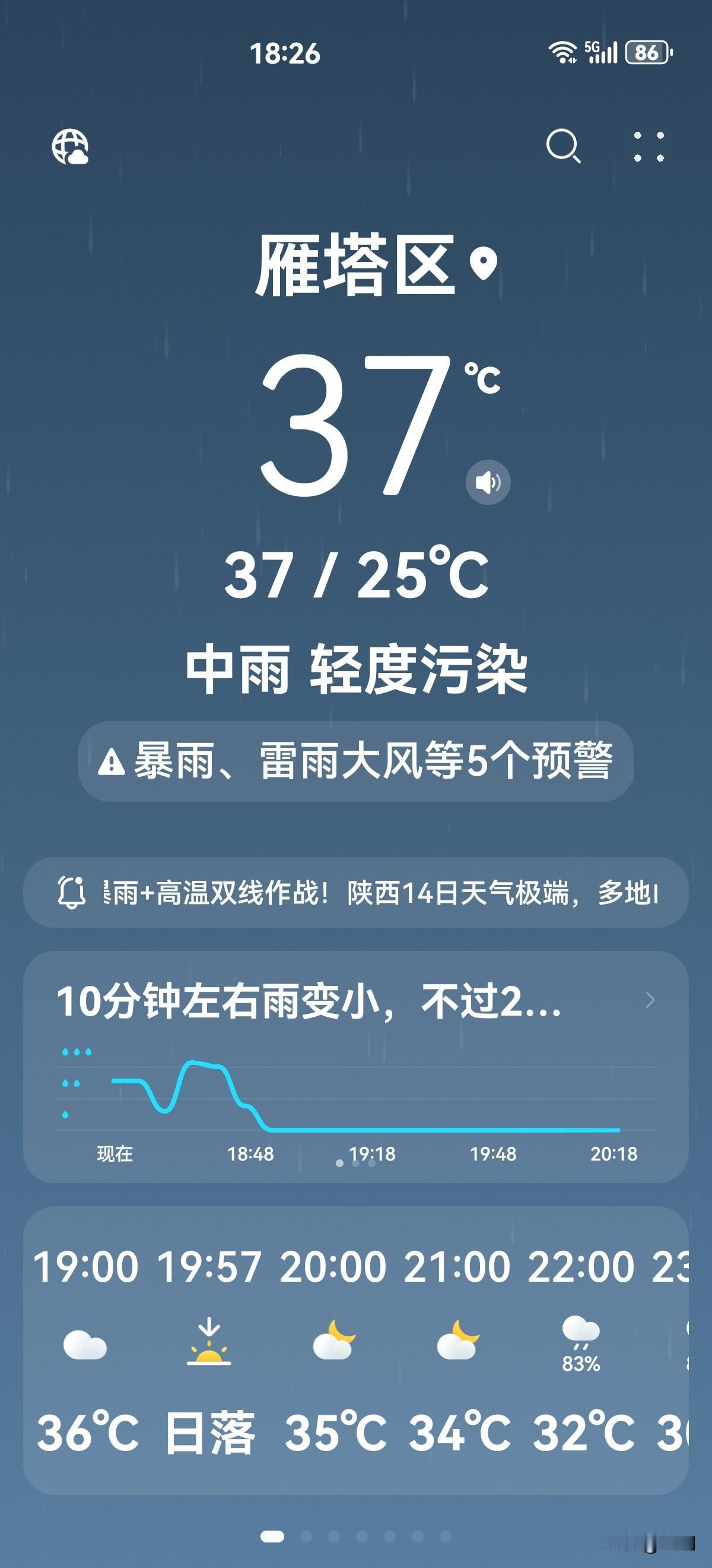 下午查看天气预报，预报显示雁塔区无雨。17：49，天空乌云密布，远看雾霭朦胧，有