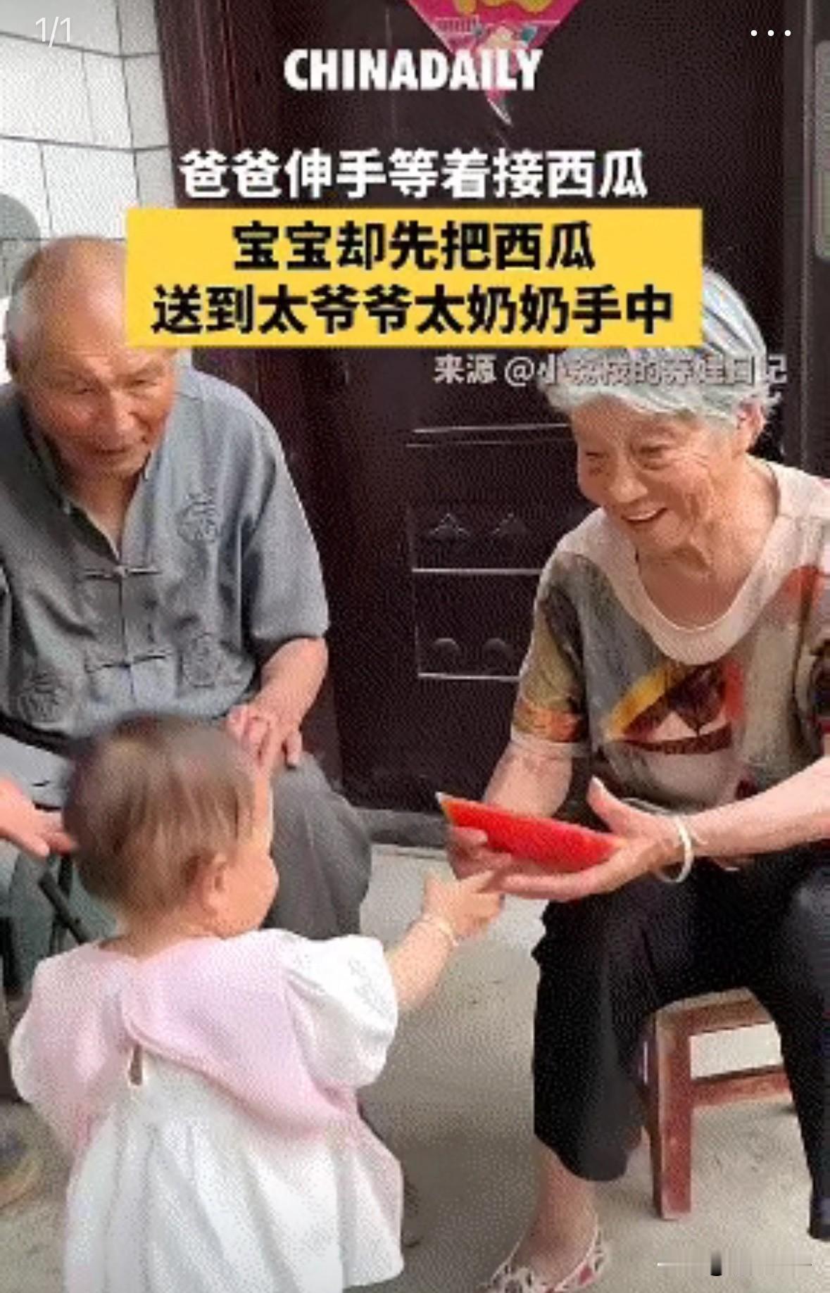 有些东西不用教，天生就会！
近日，河南一个刚学会走路的宝宝，拿了块西瓜。没想到，