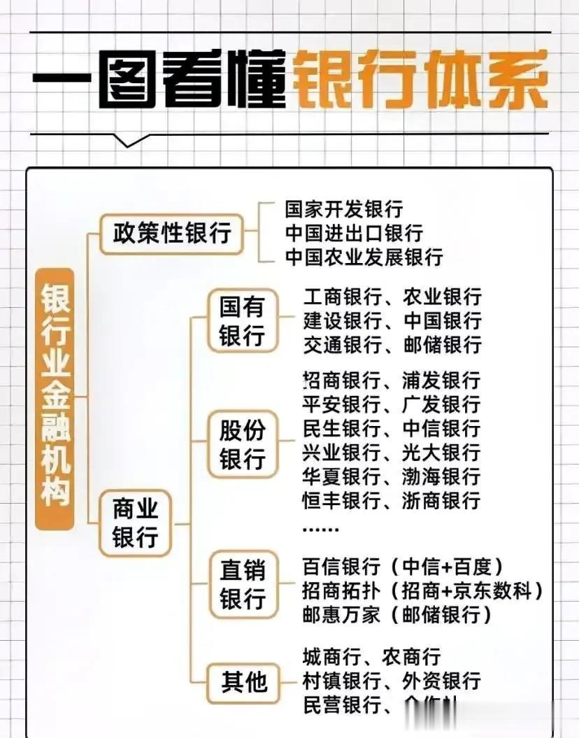 终于用一张图把银行体系给说明白了！！什么是政策性银行，国有银行，股份银行，直销银