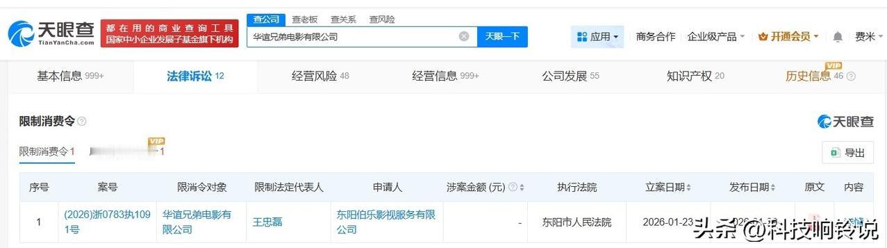 【华谊兄弟王中磊再次被限消 华谊兄弟王中磊因599万案款被限消】
天眼查法律诉讼