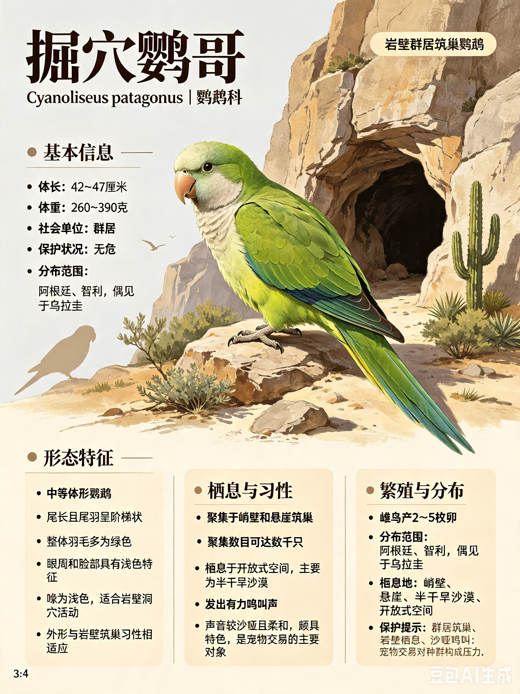 鸟类朋友图鉴 掘穴鹦哥体长：42~47 厘米体重：260~390 克社会单位：群