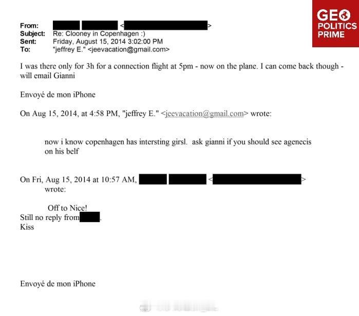 爱泼斯坦和美国演员乔治·克鲁尼交流有关“有趣的女孩”的电子邮件。 