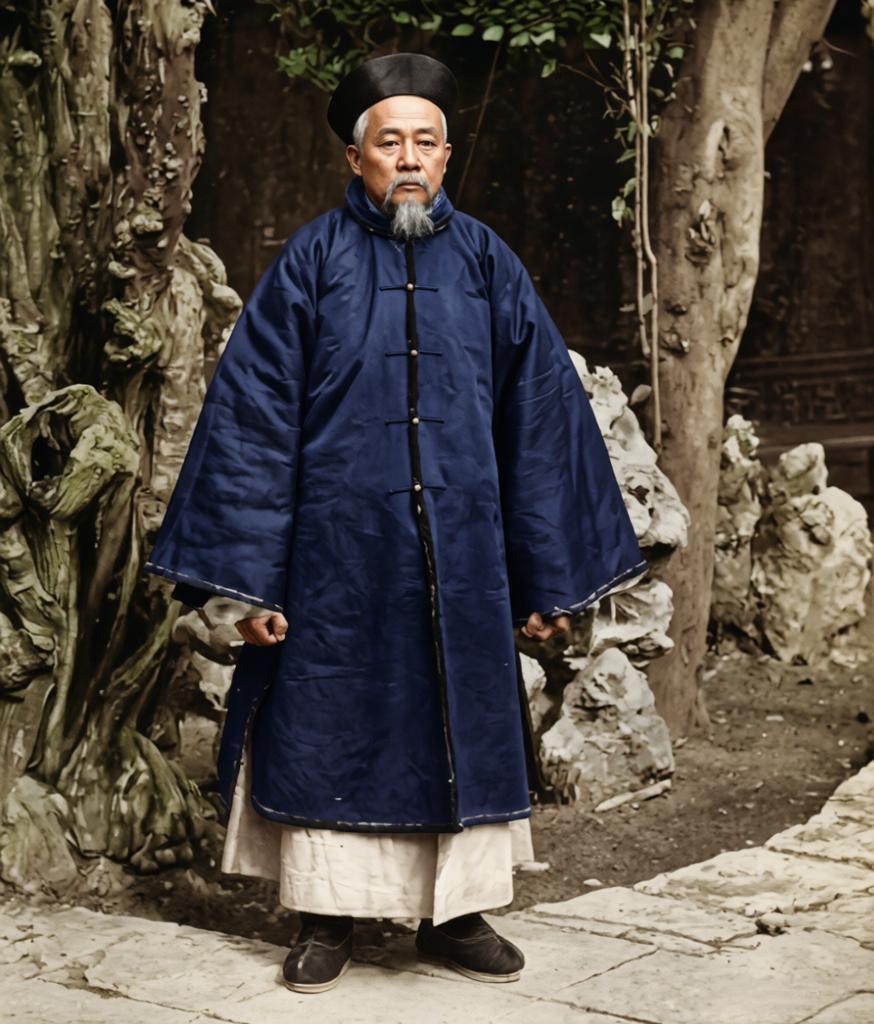 晚清，贵州巡抚庞鸿书
假山古树旁，他身着厚重的官服，双手笼袖，目光深邃而平静。他
