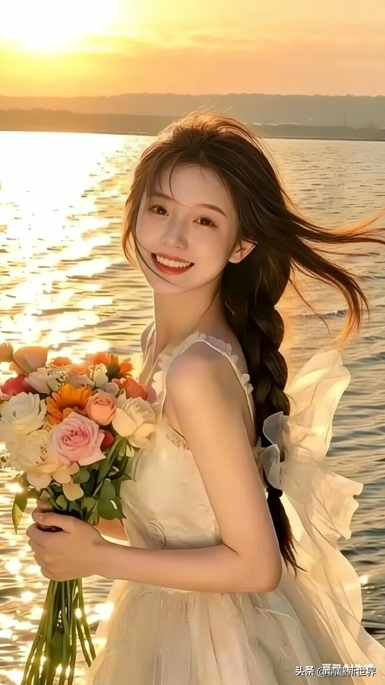 夕阳下的少女，手捧鲜花，笑靥如花秋日少女照 鲜花少女拍照 夕阳美女照 海边落日少